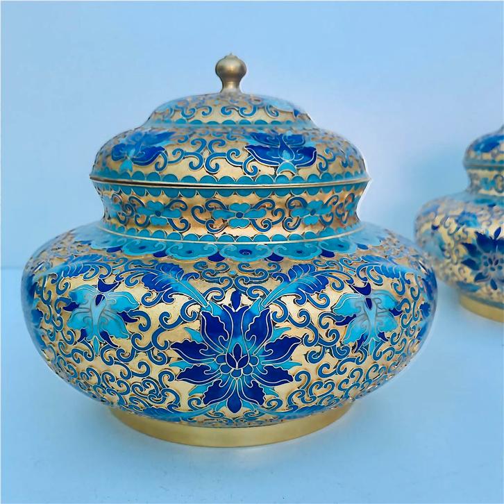 Chinees Cloisonné paar vazen met deksel (Champlevé ), Antiek en Kunst, Antiek | Vazen, Ophalen of Verzenden