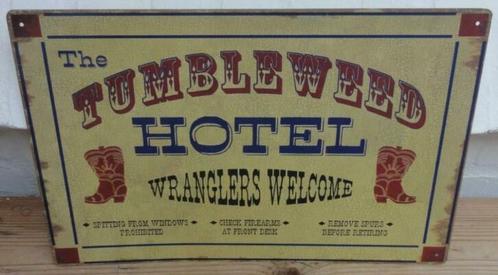 Metalen plaat met Tumbleweed Hotel, Wranglers Welcome, Antiek en Kunst, Curiosa en Brocante, Ophalen of Verzenden