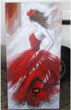 Mooi Groot Geschilderd Werk 'Vrouw met Rode Jurk' - 140x70, Antiek en Kunst, Ophalen of Verzenden