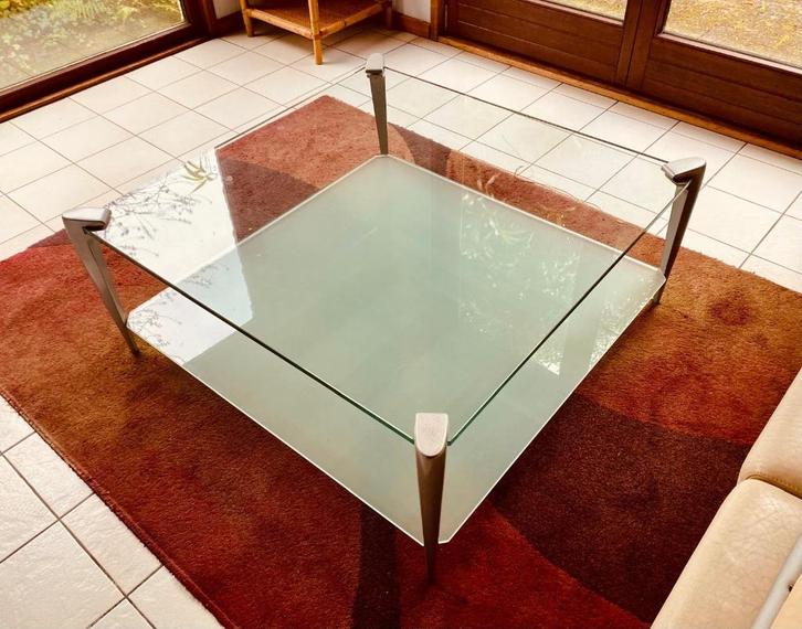 Salontafel in gehard glas en melkglas, Huis en Inrichting, Tafels | Salontafels, Zo goed als nieuw, Minder dan 50 cm, 100 tot 150 cm