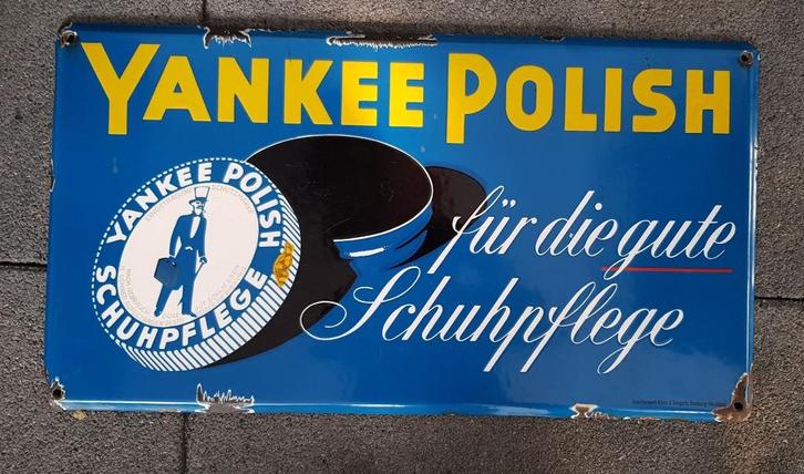 Yankee polish für die gute schuhfplege vintage emaillen bord, Verzamelen, Merken en Reclamevoorwerpen, Gebruikt, Reclamebord, Ophalen of Verzenden