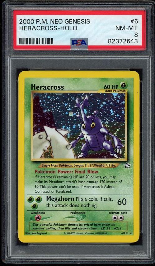 Heracross Holo PSA 8 - 6/111 - Neo Genesis 2000, Hobby en Vrije tijd, Verzamelkaartspellen | Pokémon, Zo goed als nieuw, Losse kaart