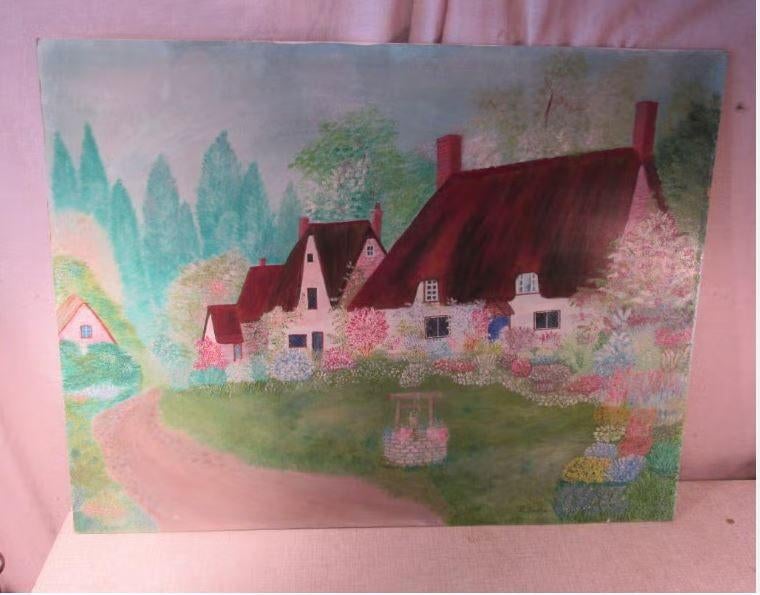 Mooi geschilderd Werk 'Huizen en Bloemen' - gesigneerd, Enlèvement ou Envoi