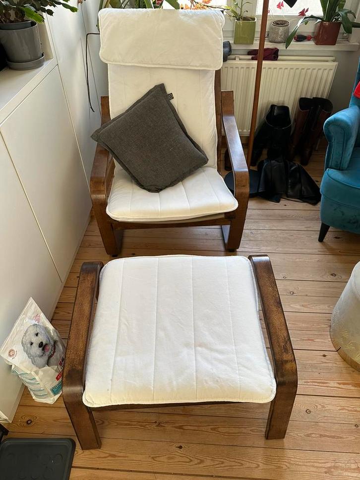 Ikea poang zetel met poef, Huis en Inrichting, Fauteuils, Gebruikt, Hout, Stof, 50 tot 75 cm, Minder dan 75 cm, Ophalen