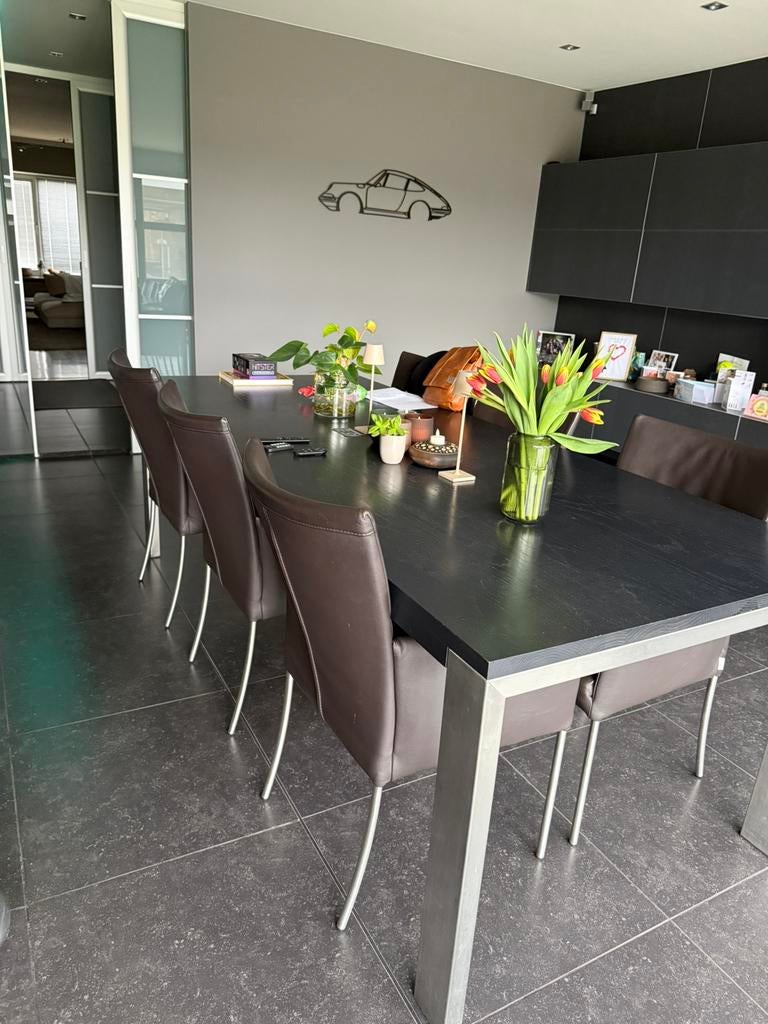 Eettafel met 6 verstelbare stoelen van Bert Plantagie, Huis en Inrichting, Ophalen, Gebruikt, 200 cm of meer, Vijf personen of meer