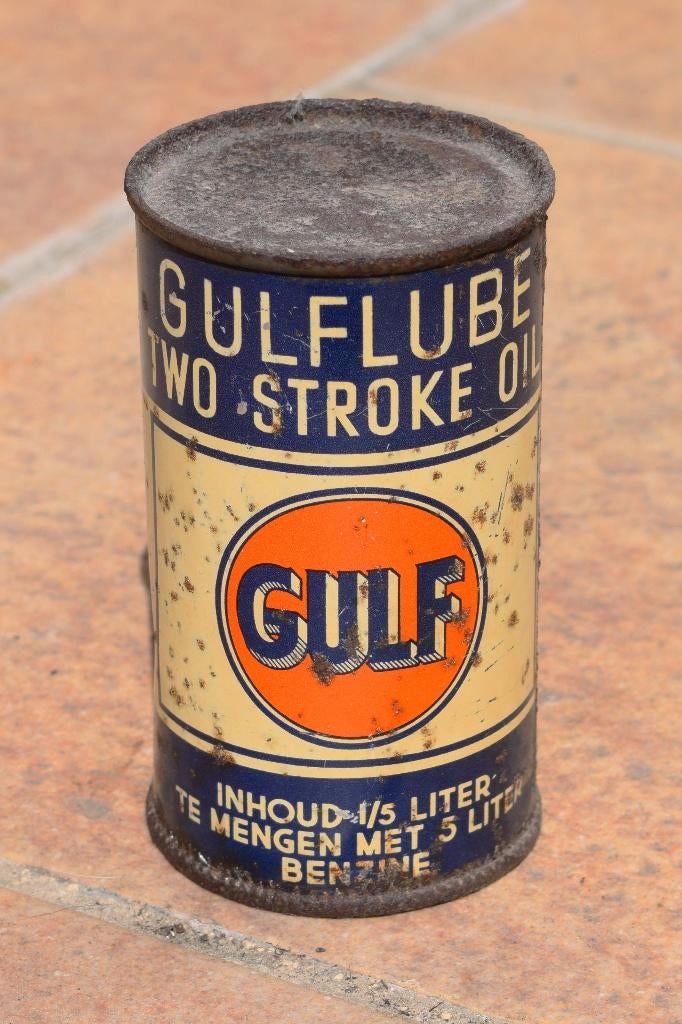 ancien bidon huile gulf dosette 1/5 litre, Collections, Marques & Objets publicitaires, Enlèvement ou Envoi, Utilisé, Panneau publicitaire