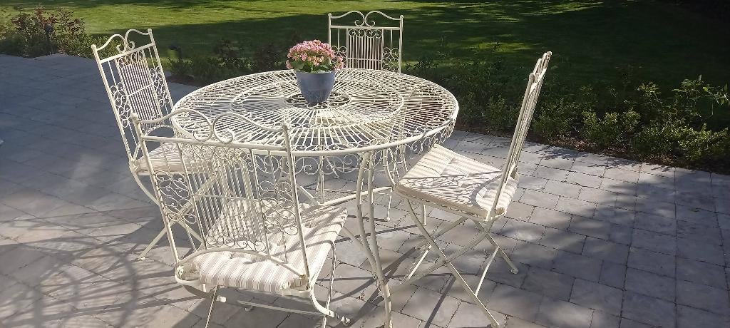 Coin repas de jardin en métal D120 et 4 fauteuils pliants, Jardin & Terrasse, Ensembles de jardin, Enlèvement, Table à dinner