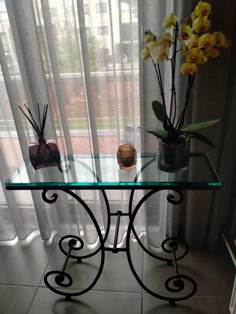 Smeedijzer sidetafel 90 op 28 cm, Ophalen, Glas