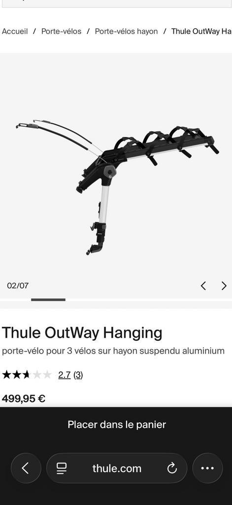 Porte-Vélo Thule OutWay Hanging, Autos : Divers, Porte-vélos, Comme neuf, Porte-hayon, 3 vélos ou plus, Enlèvement