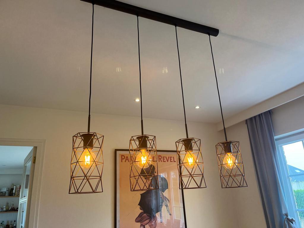 Suspension design 4 lampes noire – style industriel, 75 cm ou plus, Comme neuf, Enlèvement, Industriel