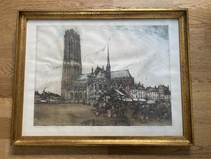 Gravure originale Malines – Grand-Place et cathédrale, Antiquités & Art, Art | Eaux-fortes & Gravures, Enlèvement