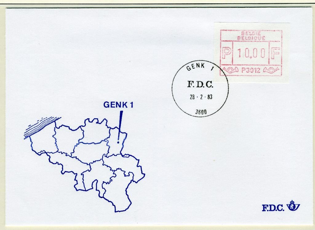 (B) Enveloppe ATM12 FDC 1983 - Genk 1 (P3012), Enlèvement ou Envoi, Affranchi, Avec enveloppe, Oblitération 1er jour