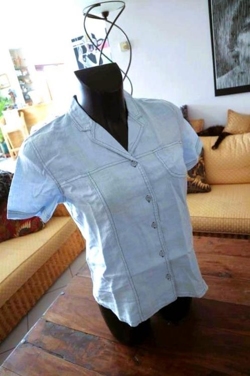 monster wit & licht blauw typisch ‘70-ties blouse maat 42, Kleding | Dames, Blouses en Tunieken, Gedragen, Maat 42/44 (L), Blauw