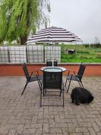 tuintafel + 4 stoelen + parasol, Jardin & Terrasse, Tables de jardin, Autres matériaux, Ovale, Enlèvement, Utilisé