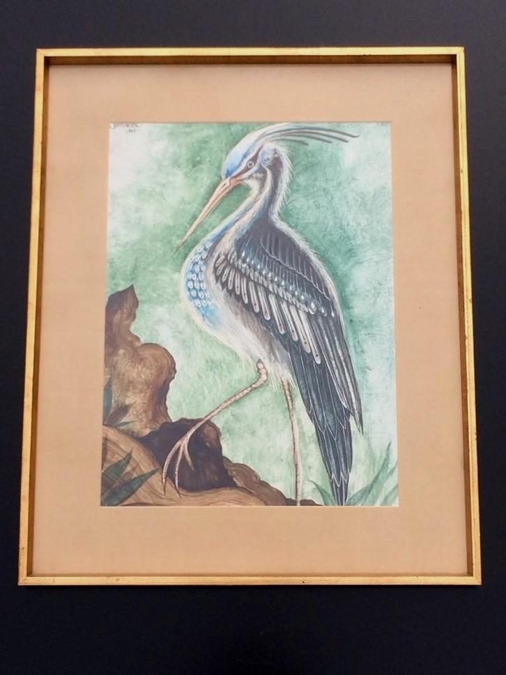 J. Vallès: ' Reiger ' 70s Gemengde techniek  * 70s Vintage *, Antiek en Kunst, Kunst | Schilderijen | Modern, Ophalen of Verzenden