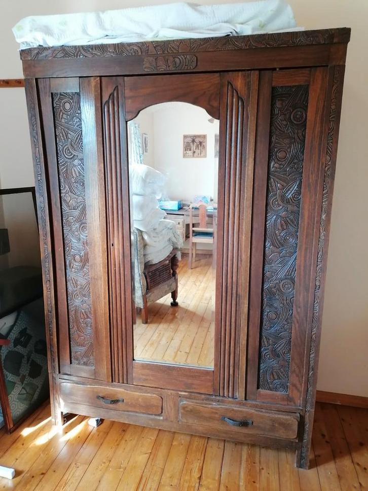 Art Deco meubelset met houtsnijwerk spiegel marmer, Antiek en Kunst, Antiek | Meubels | Kasten, Ophalen