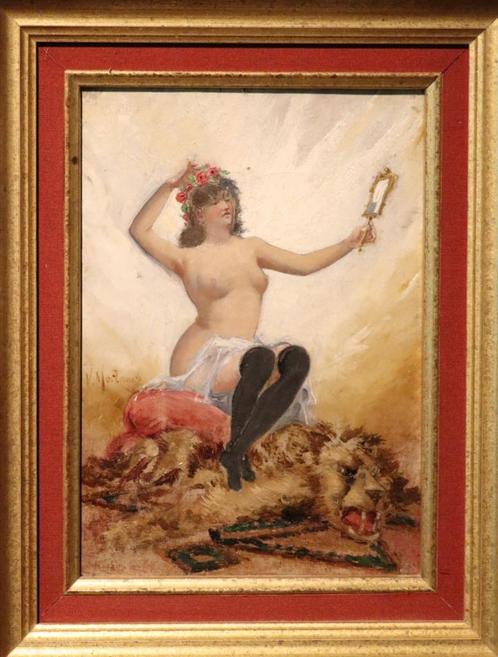 19e eeuws zittend naakt op doek, Antiek en Kunst, Kunst | Schilderijen | Klassiek, Ophalen of Verzenden