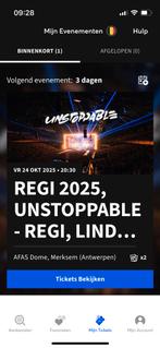 2 tickets Regi Unstoppable 24/10, zitplaatsen, Tickets en Kaartjes, Evenementen en Festivals, Twee personen
