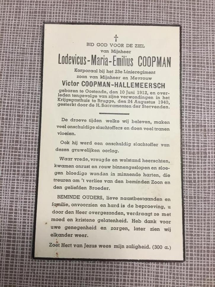 Soldaat 23e Liniereg.Coopman Oostende gevallen Brugge 1940, Verzamelen, Bidprentjes en Rouwkaarten, Bidprentje, Verzenden