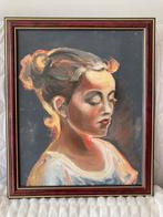 Portret van een jonge vrouw in de gloed van een vuur, Antiek en Kunst, Kunst | Schilderijen | Klassiek, Ophalen of Verzenden