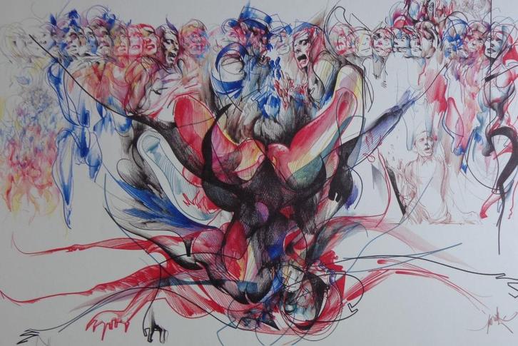 RAYMOND MORETTI / FIGURATIE / KLEURLITHO / 52x72cm / SIG, Antiek en Kunst, Kunst | Litho's en Zeefdrukken, Ophalen of Verzenden