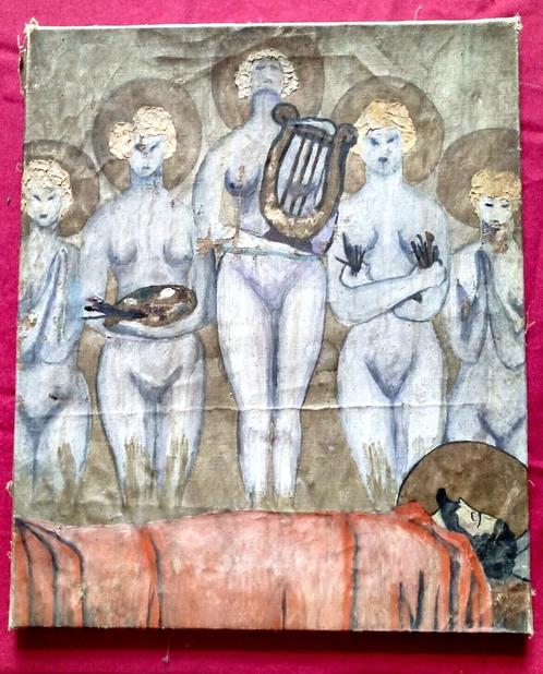 JAULMES Allegorie van de kunsten aan het bed van Christus -, Antiek en Kunst, Kunst | Schilderijen | Modern, Ophalen of Verzenden