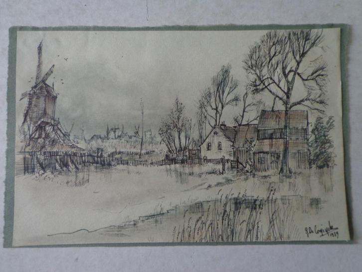 tekening Landschap met molen Réné De Coninck uit 1939, Antiek en Kunst, Kunst | Tekeningen en Fotografie, Ophalen of Verzenden
