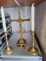Koperen kruisbeeld met 2 koperen kandelaars, Antiek en Kunst, Ophalen