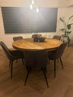 Eettafel mangohout rond 140cm + 6 antracieten stoelen, Huis en Inrichting, Ophalen, Zo goed als nieuw