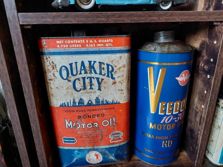 Oude olieblikken garage oldtimers, Verzamelen, Blikken, Ophalen of Verzenden
