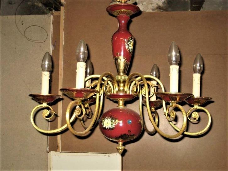 Prachtige oude luchter met 6 bronzen armen en sierstenen, Antiek en Kunst, Antiek | Verlichting, Ophalen