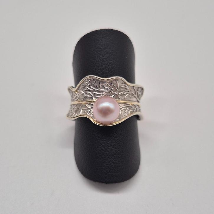 Echte parel S925 zilveren ring, Handtassen en Accessoires, Ringen, Zo goed als nieuw, Dame of Heer, 17 tot 18, Roze, Zilver, Met parel