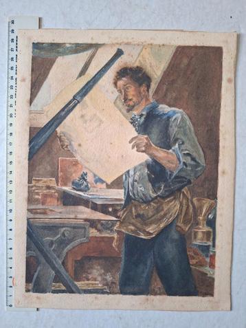Gouache Felicien Rops in zijn atelier Pol Garenne? beschikbaar voor biedingen