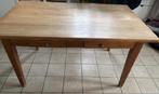 Teaken eettafel + 4 rieten stoelen uit Lloyd Loom collectie, Huis en Inrichting, Ophalen, Gebruikt, Rechthoekig, Stoelen uit Lloyd Loom collectie.