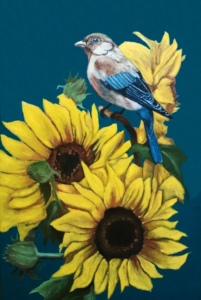 Schilderij "Vogel tussen zonnebloemen", Antiek en Kunst, Kunst | Schilderijen | Modern, Verzenden