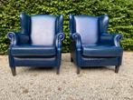 2 wingback leren Fauteuils in Antiek Blauw goede staat, Huis en Inrichting, Fauteuils, Ophalen, Zo goed als nieuw, 75 tot 100 cm