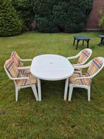 Een witte plastic tafel met 4 plastic stoelen, Tuin en Terras, Tuintafels, Ophalen, Gebruikt, Plastic
