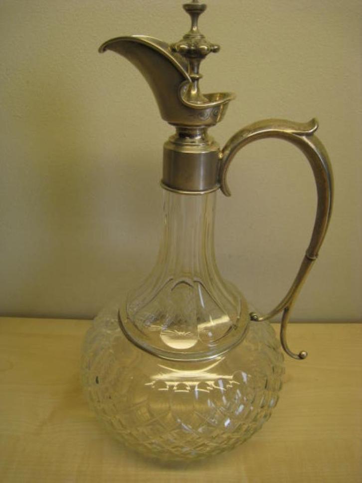 Kristallen karaf voor drank, met zilver beslag en handvat, Antiek en Kunst, Antiek | Glaswerk en Kristal, Ophalen
