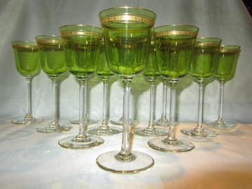12 elegante kristallen wijn/roemer glazen met groene rand!  beschikbaar voor biedingen