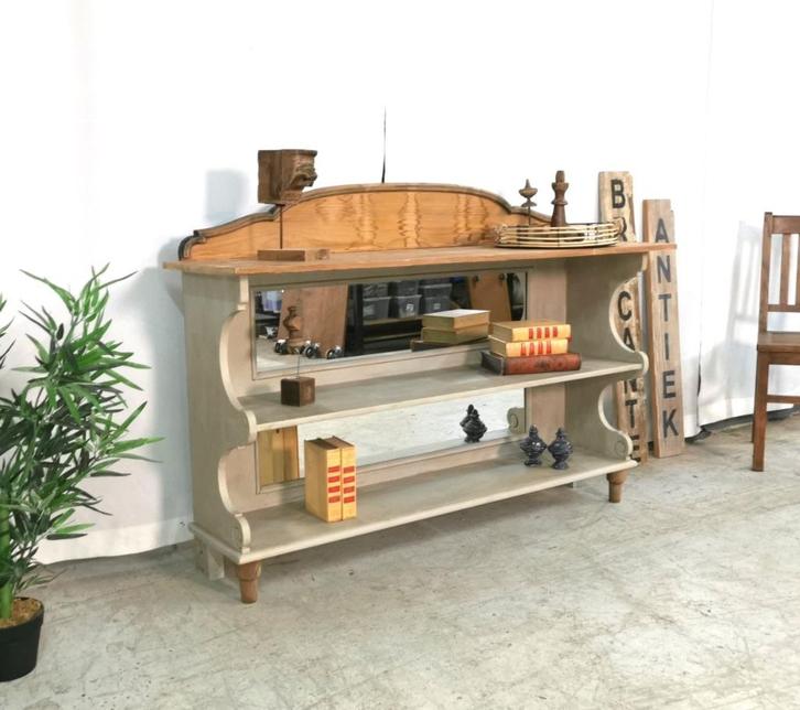 Lange antieke brocante console -/muurkast met kop L 145 H104, Antiek en Kunst, Curiosa en Brocante, Ophalen