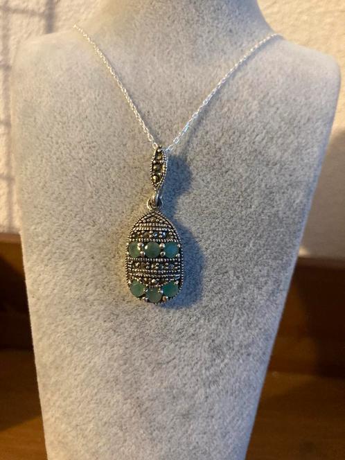 Prachtige zilveren antieke smaragd ketting, Handtassen en Accessoires, Antieke sieraden, Hanger, Zilver, Met edelsteen, Ophalen of Verzenden