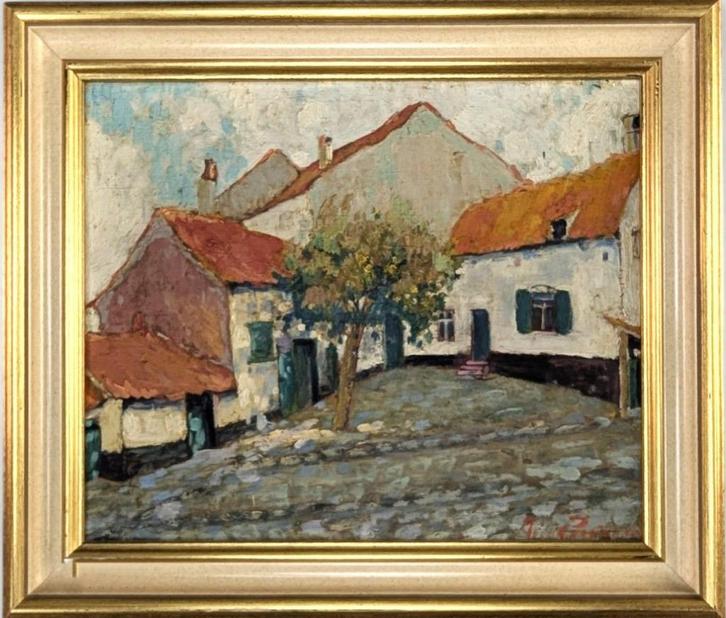Charmant Dorpszicht - Olieverf op paneel, gesigneerd, Antiek en Kunst, Kunst | Schilderijen | Klassiek, Ophalen of Verzenden