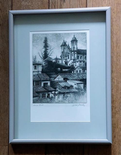 Jef Van Grieken - Ouro Preto - getekend/benoemd/kader, Antiek en Kunst, Kunst | Etsen en Gravures, Ophalen of Verzenden