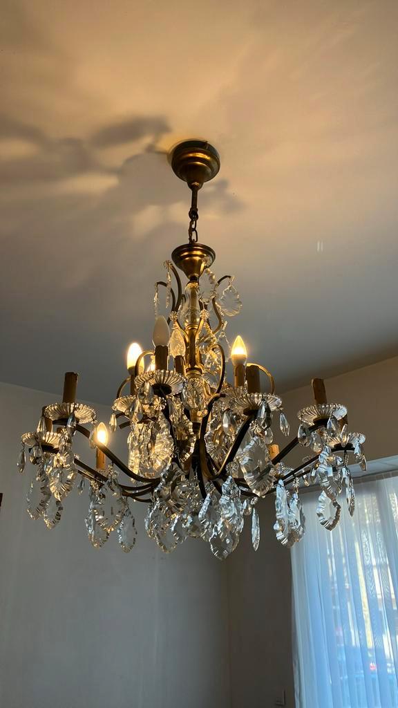 Klassieke kristallen kroonluchter – 12-armig – messing glas, Huis en Inrichting, Lampen | Kroonluchters, Zo goed als nieuw, Glas