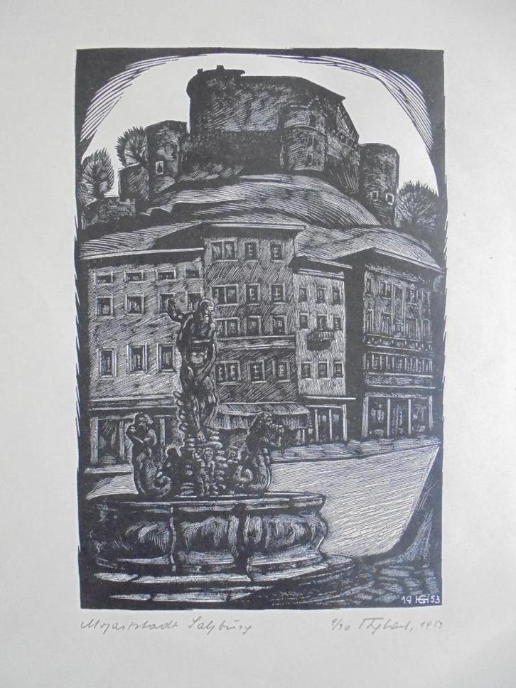Houtsnede Salzburg  Gesigneerd, Antiek en Kunst, Kunst | Etsen en Gravures, Verzenden