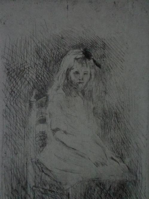gevoelige ets Lucie van Groningen "Meisje zittend op stoel", Antiek en Kunst, Kunst | Etsen en Gravures, Ophalen of Verzenden