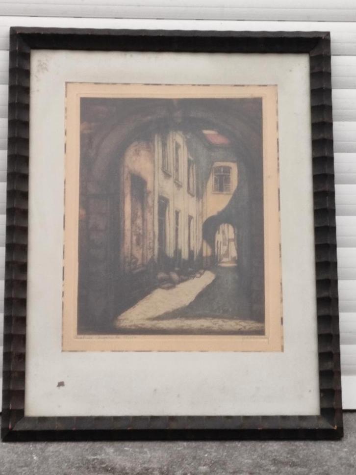 gravure " impasse a malines " signe jules leeuw, Antiquités & Art, Art | Eaux-fortes & Gravures, Enlèvement ou Envoi