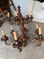 Lot de 2 lustres chandeliers en laiton et chêne, Maison & Meubles, Enlèvement, Comme neuf