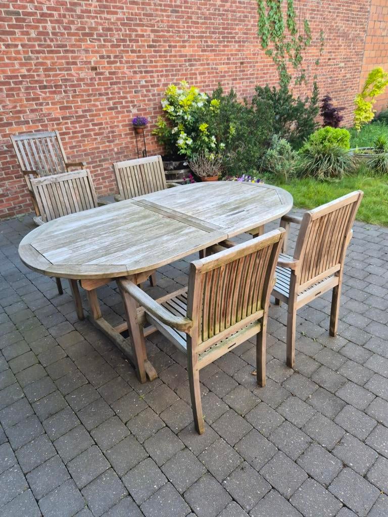 Teak tuintafel, Jardin & Terrasse, Ensembles de jardin, Utilisé, Salons de jardin, Bois dur, 6 places, Table à dinner, Chaise