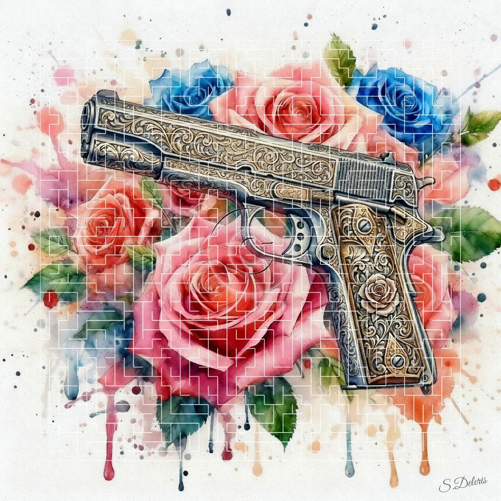 Aquarelverf op doek Guns and roses /60x60 cm, Antiek en Kunst, Kunst | Schilderijen | Klassiek, Verzenden